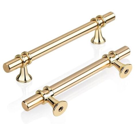 Lot de 2 poignées d'armoire de cuisine en T dorées, 96 mm, poignées de traction modernes et élégantes en alliage de zinc doré pour porte, tiroir, cuisine, salle de bain, chambre, bureau, vis incluses. (1/4)