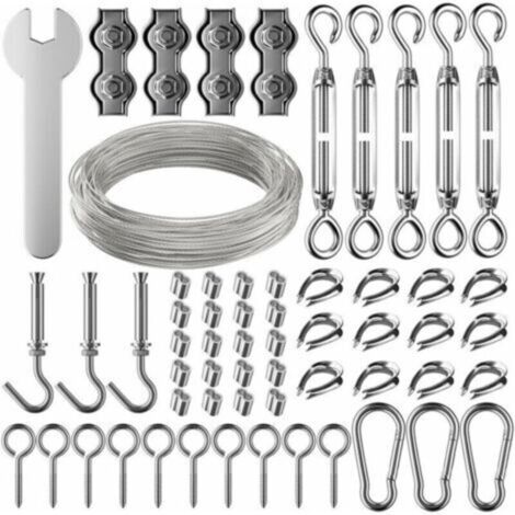 30m Corde en Acier Inoxydable à Suspendre Kit,2mm Câble en acier inoxydable revêtu avec Tendeur et Crochets,pour Suspension Lumineuse,plante grimpante,corde a linge,rideau pergola,rambarde. (1/5)