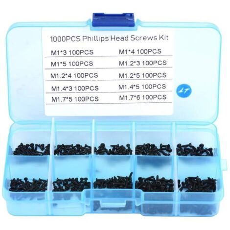 Lot de 1000 vis auto-taraudeuses à tête plate M1 M1.2 M1.4 M1.7 en acier inoxydable Vis autotaraudeuses Noir (1/5)