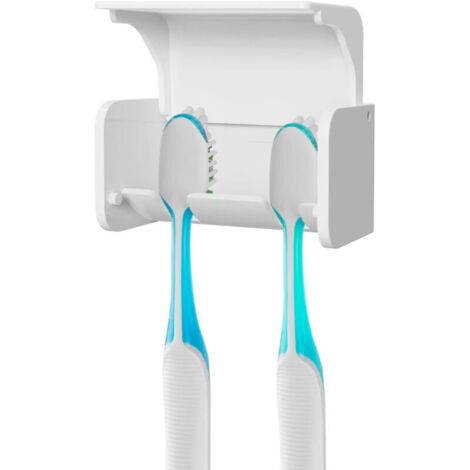 Porte-brosse à dents mural (blanc) avec couvercle, 2 emplacements pour brosse à dents, auto-adhésif pour douche, camping-car et salle de bain. (1/5)