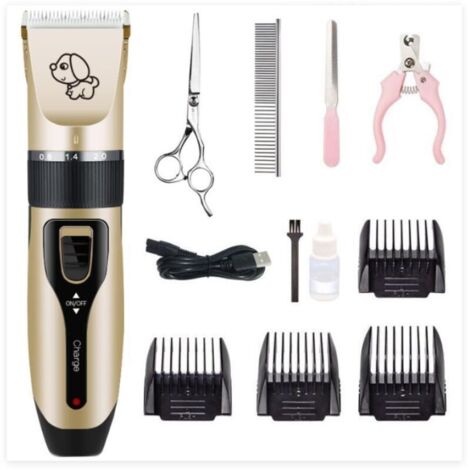 Tondeuse de Toilettage pour Chien Animal de Compagnie Noir Or Faible Bruit Kit de Rasoir Electrique Professionnel Cheveux 4 Peignes Couteau Fixe en Titane Prévient Allergies de la Peau (1/5)