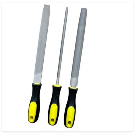 Limes à métaux en acier au carbone 3 pièces, comprenant une lime plate, ronde et demi-ronde de 200 mm, un kit de limes professionnelles pour métal et bois avec poignée souple pour métal et bois. (1/5)