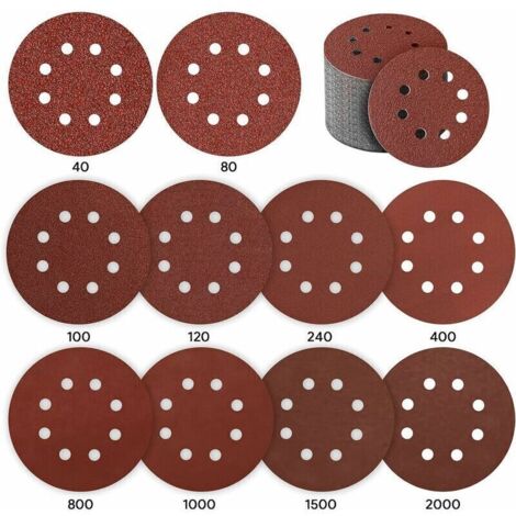 Disque de Ponçage 125mm   80 Pièces, Papier Abrasif pour Ponceuse Excentrique avec Trous, Grits P40/P80/P100/P120/P240/P400, P800/P1000/P1500/P2000 (1/5)