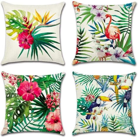 Housses de coussin d'extérieur - Lot de 4 housses de coussin imperméables à imprimé plantes tropicales 45 x 45 cm pour jardin, terrasse, salon (1/4)