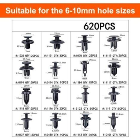 Kit de 665 rivets clips de fixation noirs universels pour carrosserie ...