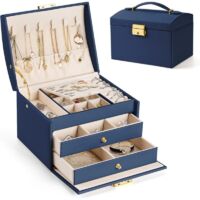 Boite a Bijoux Femme Fille, Boîte à Bijoux Coffret à Bijoux Rangement Bijoux Organisateur pour Bagues Bracelets Boucles d'oreilles Montres Lunettes Cadeaux de Noël Bleu Marine 17x14x13cm BOX03