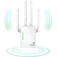 1200MPs Répéteur WiFi, Extender WiFi, Amplificateur de Signal WiFi, 5GHz et 2.4GHz Dual Band WiFi Booster, Mode Repeater/Router/AP, 4 Antennes, 2 LAN