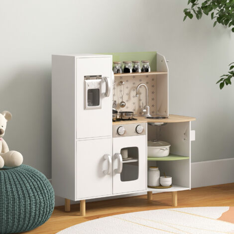 AIYAPLAY Cuisine Enfant en Bois 3-8 Ans Jeu d'imitation avec Machine à glaçons, évier Mobile en Acier Inoxydable et ustensiles 84 x 34 x 89 cm Blanc