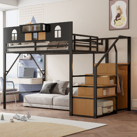 Letto a soppalco in metallo 140 x 200 cm, con scaletta contenitore, finestra, pannelli in legno e tessuto a rete, sponda rialzata unica, ripiano contenitore accanto al letto, robusta struttura in meta
