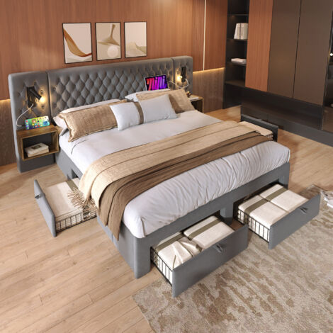 Set da camera da letto, letto matrimoniale imbottito 160×200 cm con 2 comodini e 4 cassetti, testiera con luce di lettura e funzione di ricarica USB, grigio, velluto (senza materasso)