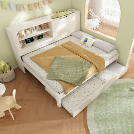 Divano letto matrimoniale 140×190 cm con letto estraibile 90×190 cm, struttura letto bianca con pannello posteriore con vano contenitore, vano a giorno, vano contenitore a scomparsa, stazione di ricar