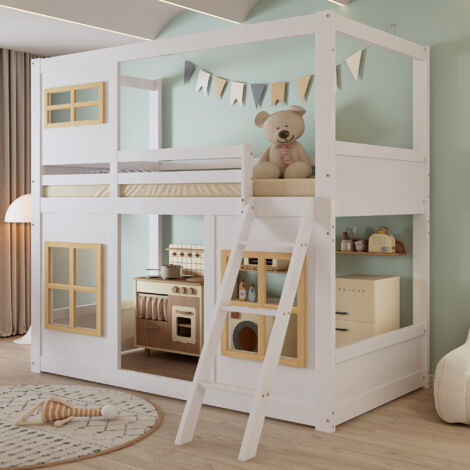 Letto a castello, letto per bambini, con belle finestre, scaletta robusta, con sponda su quattro lati, pino + MDF + compensato, bianco + naturale, 90x200 cm