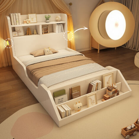 Cama individual de madera de 90x200 cm, cama juvenil/infantil con estantes, luces nocturnas, estantería extraíble, somier de láminas, superficie blanca pura, sin colchón.