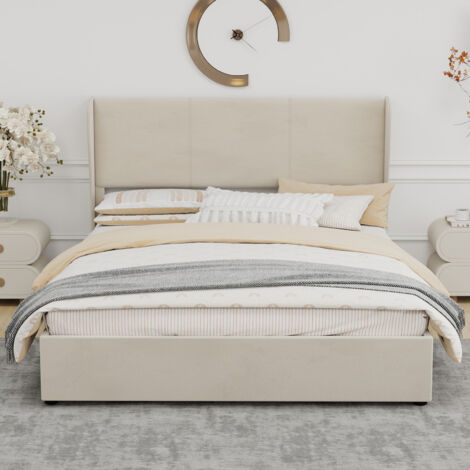 Cama tapizada moderna minimalista, 160x200 cm, color beige, mueble de dormitorio multifuncional con cabecero suave y cómodo, base de almacenamiento de perfil alto con mecanismo de elevación a gas, col (1/5)