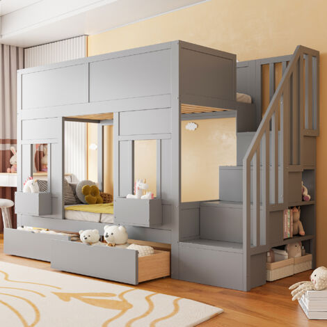 Litera infantil con escaleras y cajones con espacio de almacenamiento, 90 x 200 cm. Amplia cama alta con ventanas y cajones de almacenamiento, estructura de madera con barandilla de seguridad, cama in