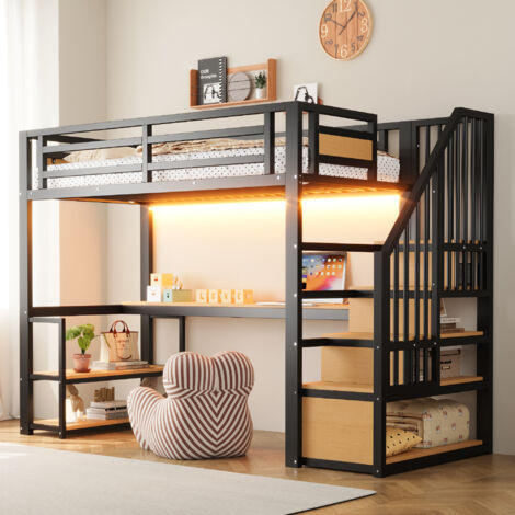 Cama alta metálica de 90200 con tira de luz LED y enchufe, con escalera de almacenamiento, estantes y mesa, diseño de valla de seguridad, cama alta con armazón de hierro y estructura metálica para un 