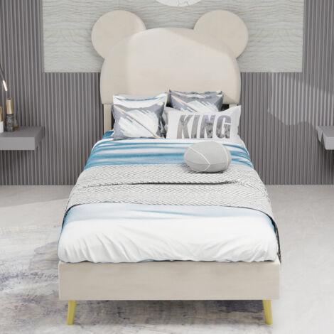 Cama tapizada minimalista moderna con cabecero de felpa con motivos de dibujos animados, 90x200 cm, color beige, mueble de dormitorio multifuncional, base sólida de perfil bajo (sin almacenamiento ni (1/5)