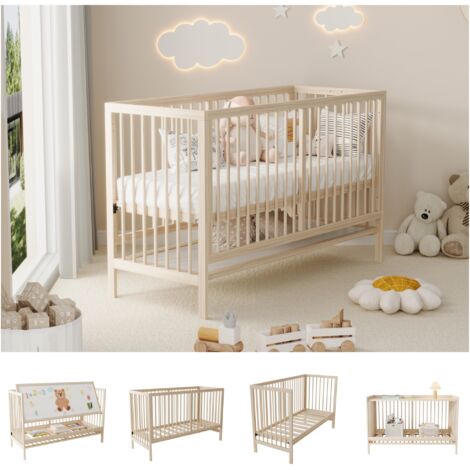 Cuna de madera multifuncional, convertible en cama lateral, atril para pintar o escritorio, altura regulable, sin colchón, fabricada en abeto, color natural, 140 x 60 x 90 cm.