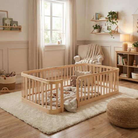 Parque infantil modular de madera natural de 140 × 200 cm, separación segura entre barrotes de 7 cm, bordes redondeados, diseño de suelo antipinzamiento, puerta de seguridad multiescena para bebés en