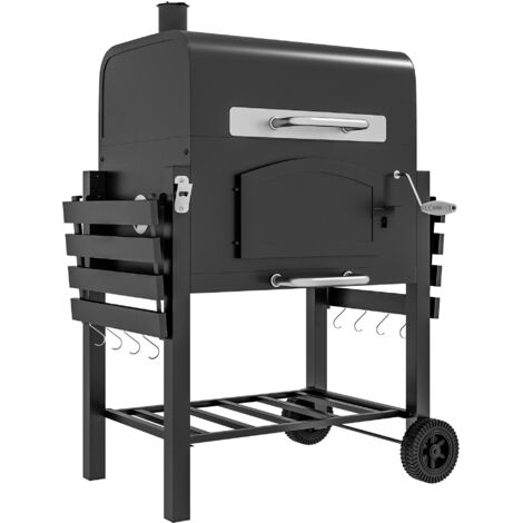 Barbacoa de carbón para jardín con tapa, estantes, ahumador, placa calentadora, rejillas, ruedas de transporte, metal