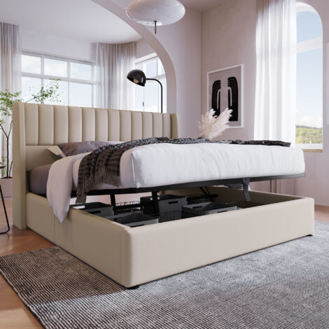 Lit coffre lit double hydraulique 140x200 beige OKMYHOME (1/5)