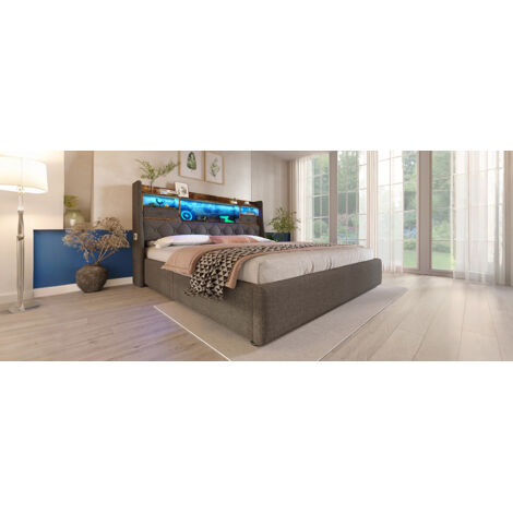 Lit coffre double rangement LED 180x200 gris OKMYHOME (1/5)