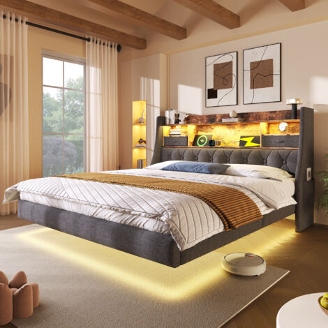 Lit double rangement LED 140x200 gris matelas OKMYHOME (1/5)