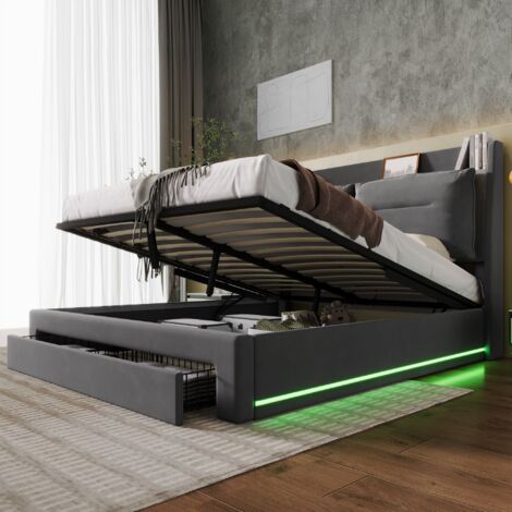 Lit coffre rangement LED velours 160x200 gris OKMYHOME (1/5)