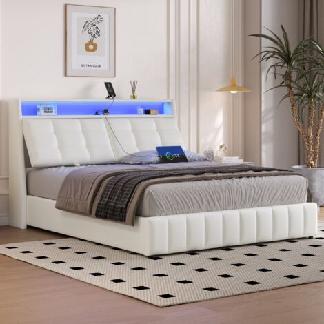 Lit plateforme rangement LED USB 160 200 blanc OKMYHOME (1/5)