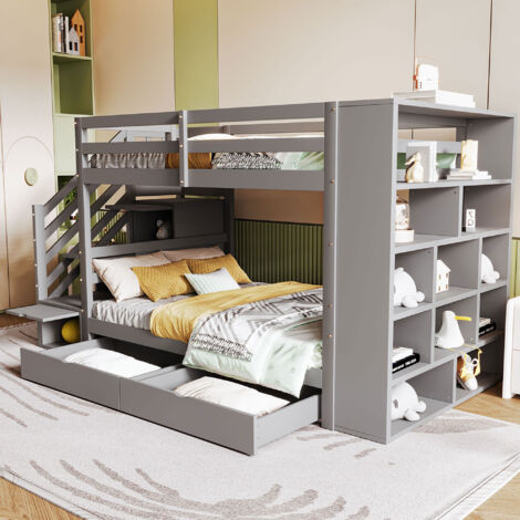Lit superposé enfant rangement escalier 90x200 gris OKMYHOME (1/5)