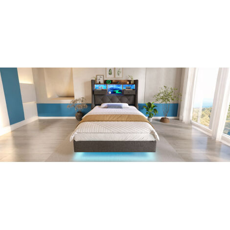 Lit simple rangement LED tete de lit 90x200 gris OKMYHOME (1/5)