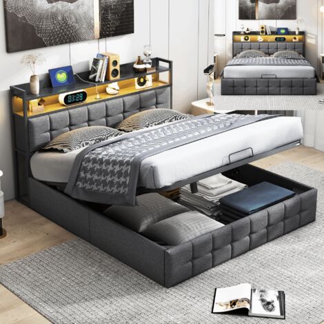 lit coffre 140x190,lit 140x190,avec sommier à lattes, tête de lit avec rangement, lumières LED,tissu en lin,gris