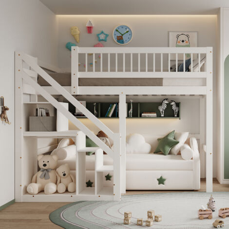 Sunfecili – Lit mezzanine enfant 90x200 – Bois massif blanc – Escalier avec placard de rangement – Optimisation d'espace pour petites chambres