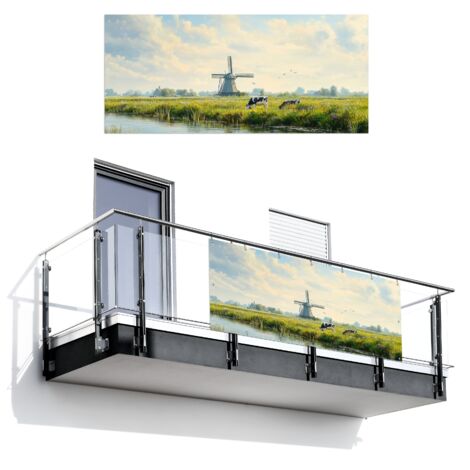 SCHERMO PER LA PRIVACY DEL BALCONE Mucche - Mulino a vento - Prato - Blu 200x90 cm (1/4)