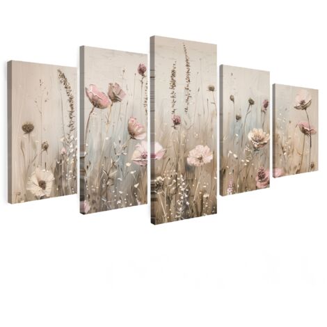 QUADRO SU TELA Set di 5 Fiori - Beige - Moderno - Rosa 200x100 cm