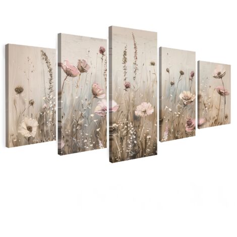 QUADRO SU TELA Set di 5 Fiori - Beige - Moderno - Rosa 150x80 cm