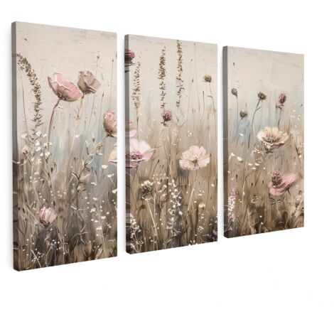 QUADRO SU TELA Trittico Set di 3 Fiori - Beige - Moderno - Rosa 60x40 cm (1/5)