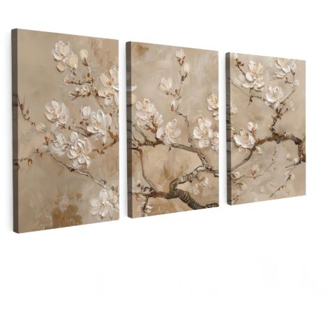 QUADRO SU TELA Trittico Set di 3 Beige - Fiore - Moderno 120x60 cm