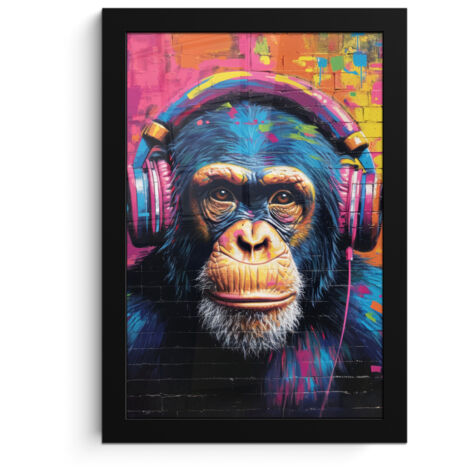 POSTER INCORNICIATO Graffiti - Scimpanzé - Street art - Cuffie - Scimmia 20x30 cm