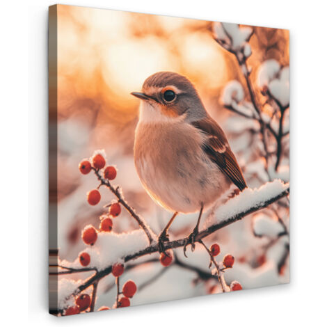 QUADRO SU TELA Uccello - Ramo - Inverno - Animali - Neve 90x90 cm