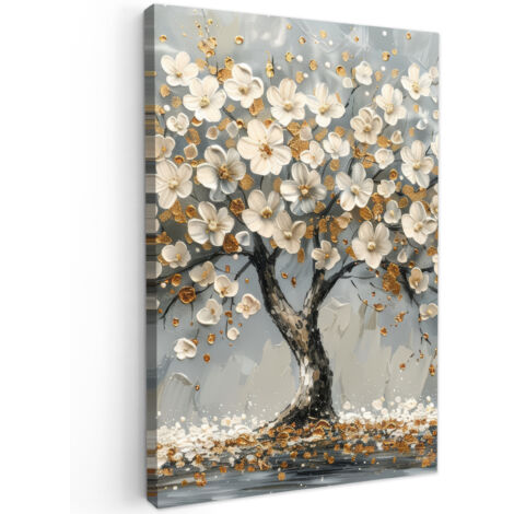 QUADRO SU TELA Albero - Fiori - Bianco - Natura - Arte 90x140 cm