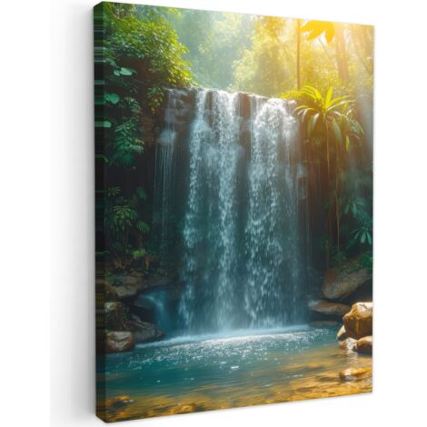 QUADRO SU TELA Cascata - Giungla - Sole - Verde - Natura 60x80 cm