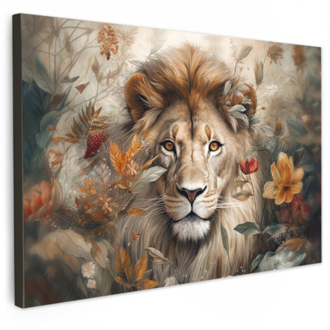 QUADRO SU TELA Leone - Animali selvatici - Piante - Natura - Fiori 140x90 cm
