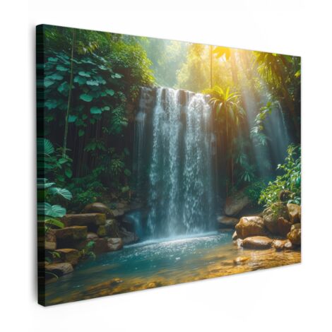 QUADRO SU TELA Cascata - Giungla - Sole - Verde - Natura 80x60 cm
