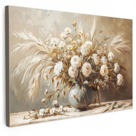 QUADRO SU TELA Fiori - Vaso - Natura morta - Beige 120x80 cm