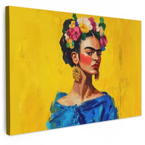 QUADRO SU TELA Frida Kahlo - Donna - Giallo - Blu - Fiori 30x20 cm