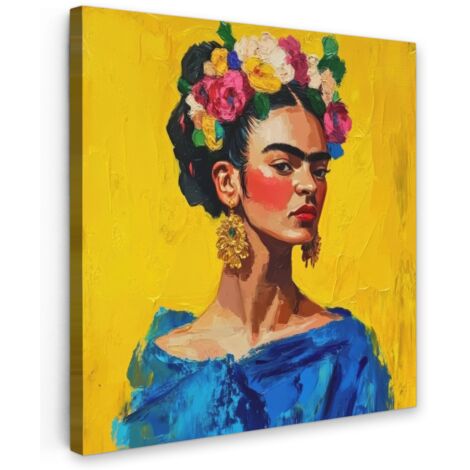 QUADRO SU TELA Frida Kahlo - Donna - Giallo - Blu - Fiori 50x50 cm