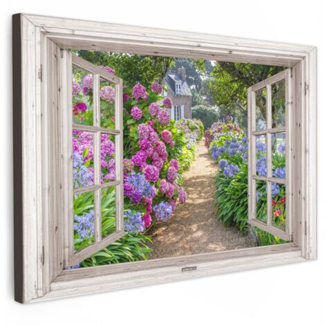 QUADRO SU TELA Ortensia - Trasparente - Fiori - Estate - Viola - Sentiero 30x20 cm (1/5)