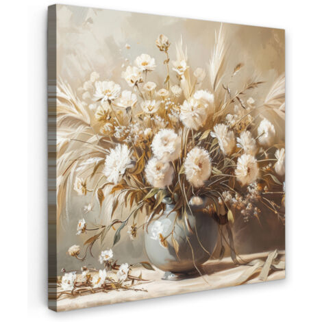 QUADRO SU TELA Fiori - Vaso - Natura morta - Beige 50x50 cm