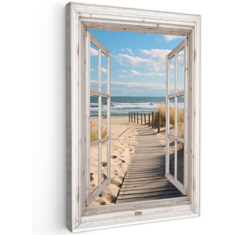 QUADRO SU TELA Finestra - Mare - Costa - Natura - Vista - Spiaggia - Mare di Wadden 90x140 cm